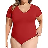COOTRY Plus Size Short Sleeve Bodysuits for Women V Neck Body Suit Tops Basic One Piece Bodysuit T Shirt Red 3XL