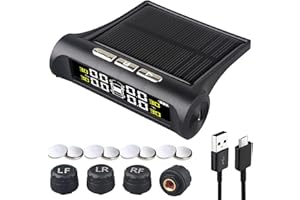 T6 Tire Pressure Monitoring Systems TPMS 6 Alarm Modes Wireless Solar Power and USB Charge with 4 External Sensors Real Time Pressure and Temperature Alarm Auto Safety Monitor for Truck Rv Trailer Car