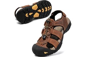 KOIMED Men's Hiking Leather Sandals Closed Toe Water Shoes For Summer Athletic Outdoor Walking Sports Trail River Fishing Wide Adjustable Waterproof Arch Support