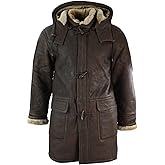 Mens Winter Real Sheepskin Leather Duffle Safari Jacket Tan ginger & Ginger Hood