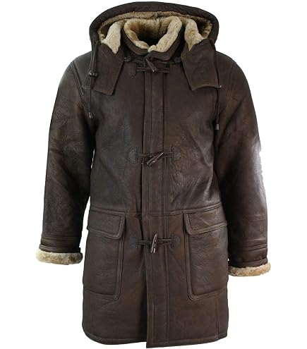 TruClothing Mens Black Real Leather Duffle Jacket Coat Toggle