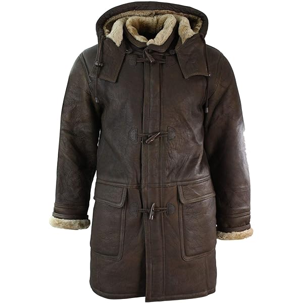 Infinity Men's Brown Sheepskin Leather Detachable Hood Duffle Coat
