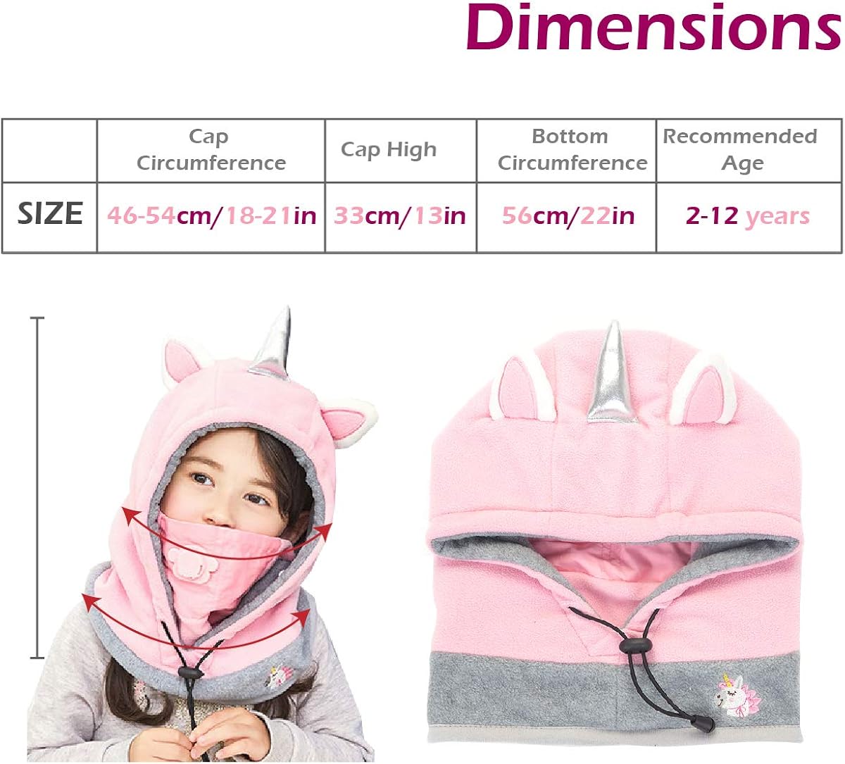 Azarxis Kids Balaclava Fleece Ski Face Mask Hat Neck Warmer Nose Cover Winter Animal Hood Cap for Boys Girls (Pink (Unicorn)): Clothing