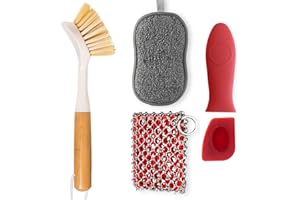 TEZZ 5 Pieces Cast Iron Cleaner Kit Include Stainless Steel Chainmail Scrubber, Dish Scrub Brush, Dual Sided Kitchen Dish Scrubber Sponge, Hot Handle Holder For Cleaning Cast Iron Skillets, Pot & Pans