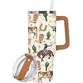 JarThenaAMCS Western Cowboy Tumbler with Handle 40oz Brown Cowboy Hat Boots Cow Cacti Tumbler with Lid Straw Watercolor Wild West Stainless Steel Cup for Home Office Travel