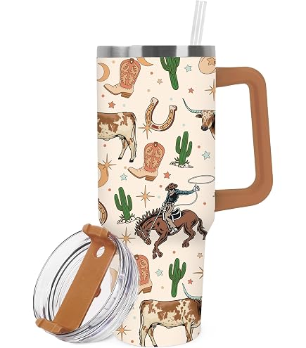 Borraccia In Acciaio Inox 40 Oz Con Manico: Tumbler Longhorn, Tazza Western Con Incisione, Mantiene Caldo/Freddo, Adatta A Portabicchieri