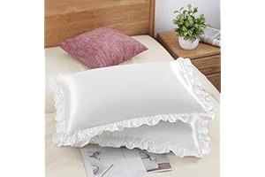 SiinvdaBZX Ruffled Queen Satin Pillowcase Set of 2, Ivory White Silky Satin Pillow Cases for Women Ruffle Pillow Shams Covers Princess Room Decoration, with Envelope Closure