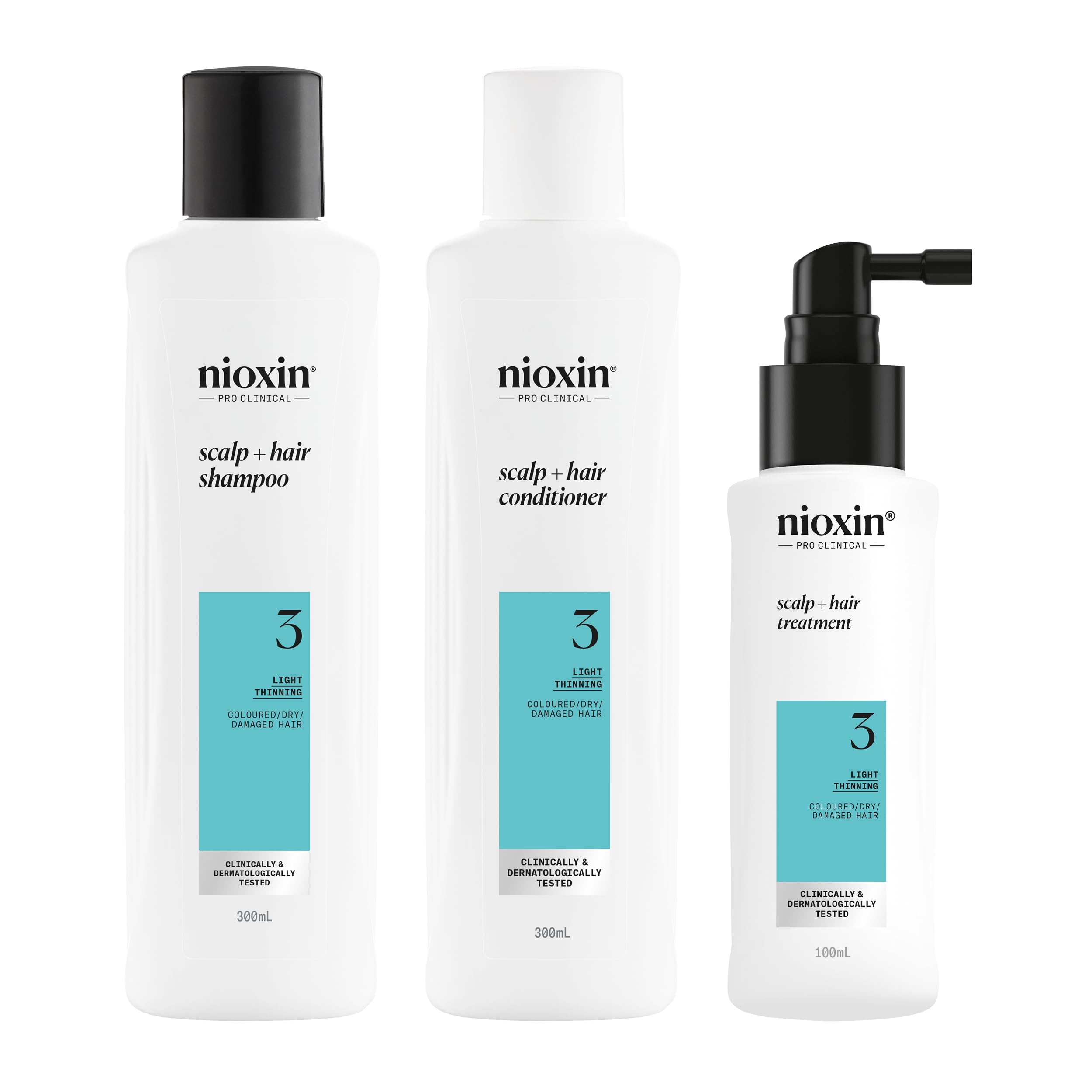 Nioxin Scalp + Hair Thickening System 3 Loyalty Kit - Hair Thickening System for Coloured, Dry and Damaged Hair with Light Thinning - Shampoo, Conditioner and Scalp Treatment, 300+300+100ml