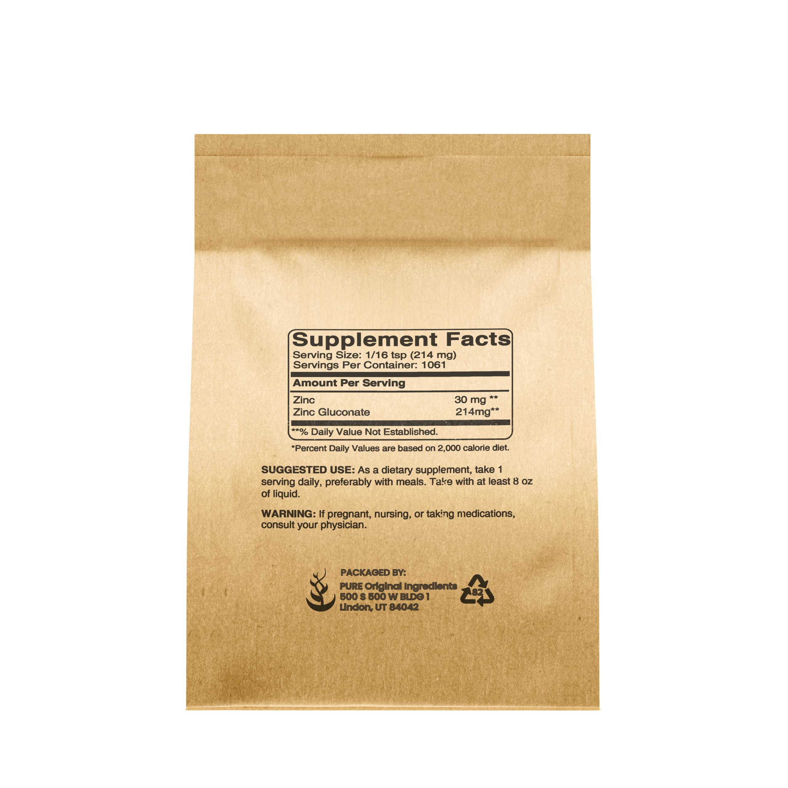 PURE ORIGINAL INGREDIENTS Zinc Gluconate (8 oz) Dietary Supplement, Always Pure, No Fillers Or Additives