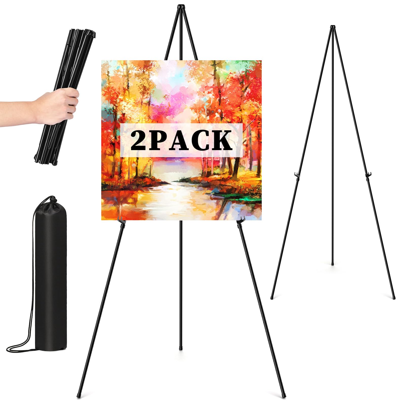 Photo 1 of Easel Stand for Sign, 63" Portable Easels Stand for Display, Lightweight Adjustable Tripod Art Easel Stand for Wedding Sign, Black Metal Painting Easel with Portable Bags (2 Pack)