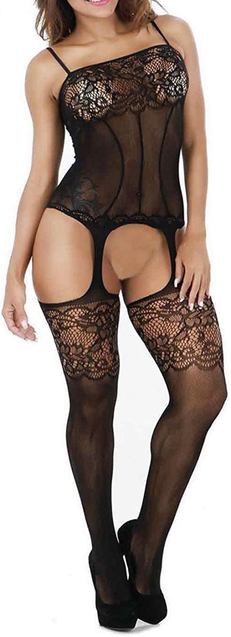 Creamlin Women's Suspenders Hollow Out Body-Stocking Sexy Lingerie