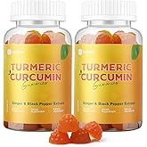ORGMO Turmeric Curcumin Gummies with Black Pepper 2 Pack, Turmeric and Ginger Supplement for Immune Joint Support, Sugar Free Ginger Gummies for Inflammation Vegan