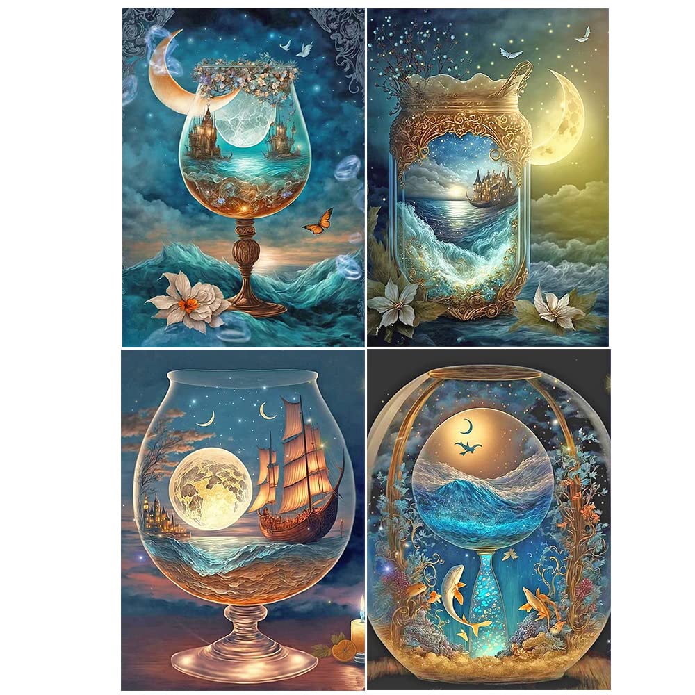 DCIDBEI 4 Pack Diamond Painting Palace 40x50 cm 5D Diamond Picture Art Adult Diamond Painting Seascape in Wine Glass Diamond Painting Landscape in Bottle Sailing Boat Starry Sky Moon Fish The Sea