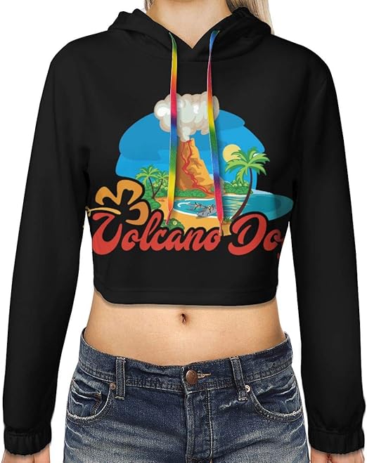 Women's Volcano Dog Crop Top Printed Sweatshirt Cropped Hoodie at