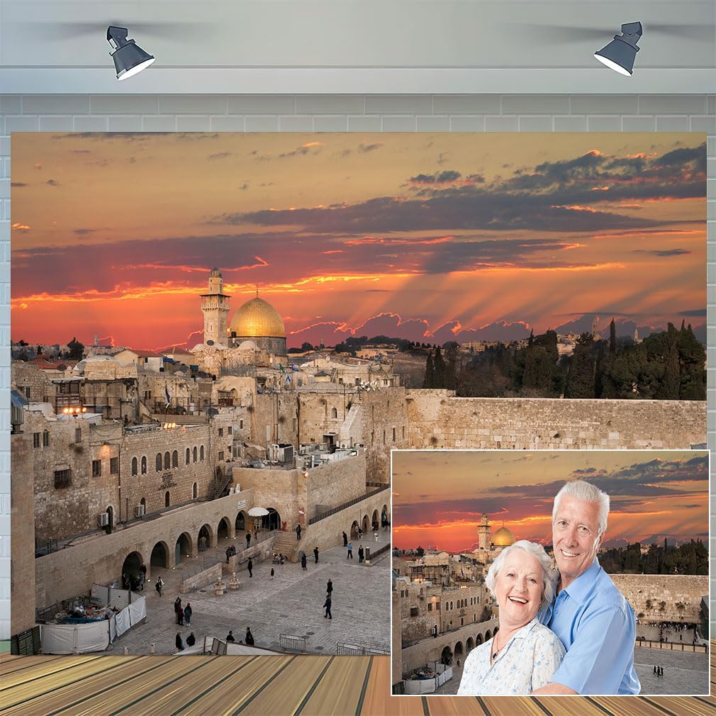 Photo 1 of 10x8ft Jerusalem Backdrop Old City at Sunset Israel Cityscape Photography Background Temple Mount Dome of The Rock Ancient Religious Stone Wall Building Travel Portrait Photo Props