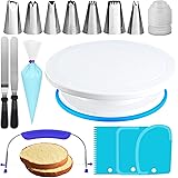 RFAQK 35PCs Cake Turntable and Leveler-Rotating Cake Stand with Non Slip pad-7 Icing Tips and 20 Bags- Straight & Offset Spat