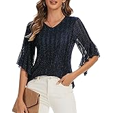 Women's 3/4 Sleeve Tops Sparkly Dressy V Neck Blouse Glitter Evening Party Shirts
