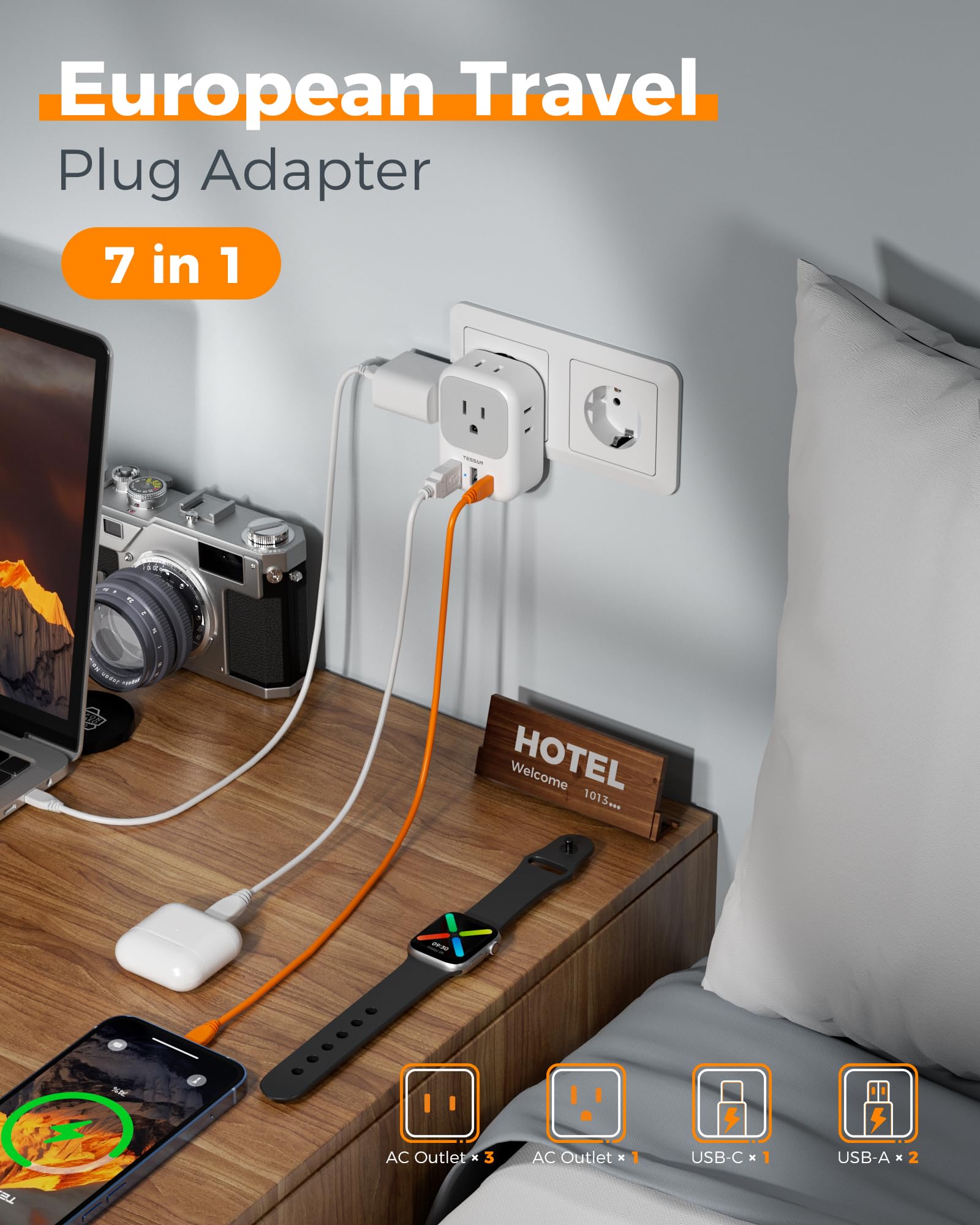 European Travel Plug Adapter USB C, TESSAN International Plug Adapter with 4 AC Outlets 3 USB Charging Ports, Type C Europe Power Adaptor for US to EU France Germany Iceland Spain Italy