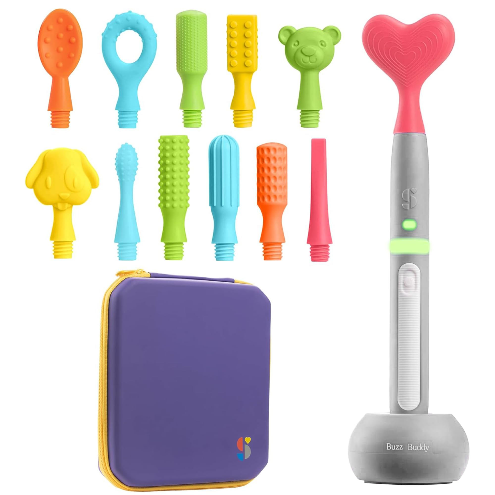 Suministros especiales Kit de estimulación motora oral Buzz Buddy recargable con 12 cabezales intercambiables de textura suave, calma las necesidades sensoriales, apoya el habla y estimula la autoalimentación (gris)