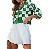 Dokotoo Womens Checkered V Neck Button Down Long Sleeve Cable Knit Cropped Cardigan Sweaters Tops