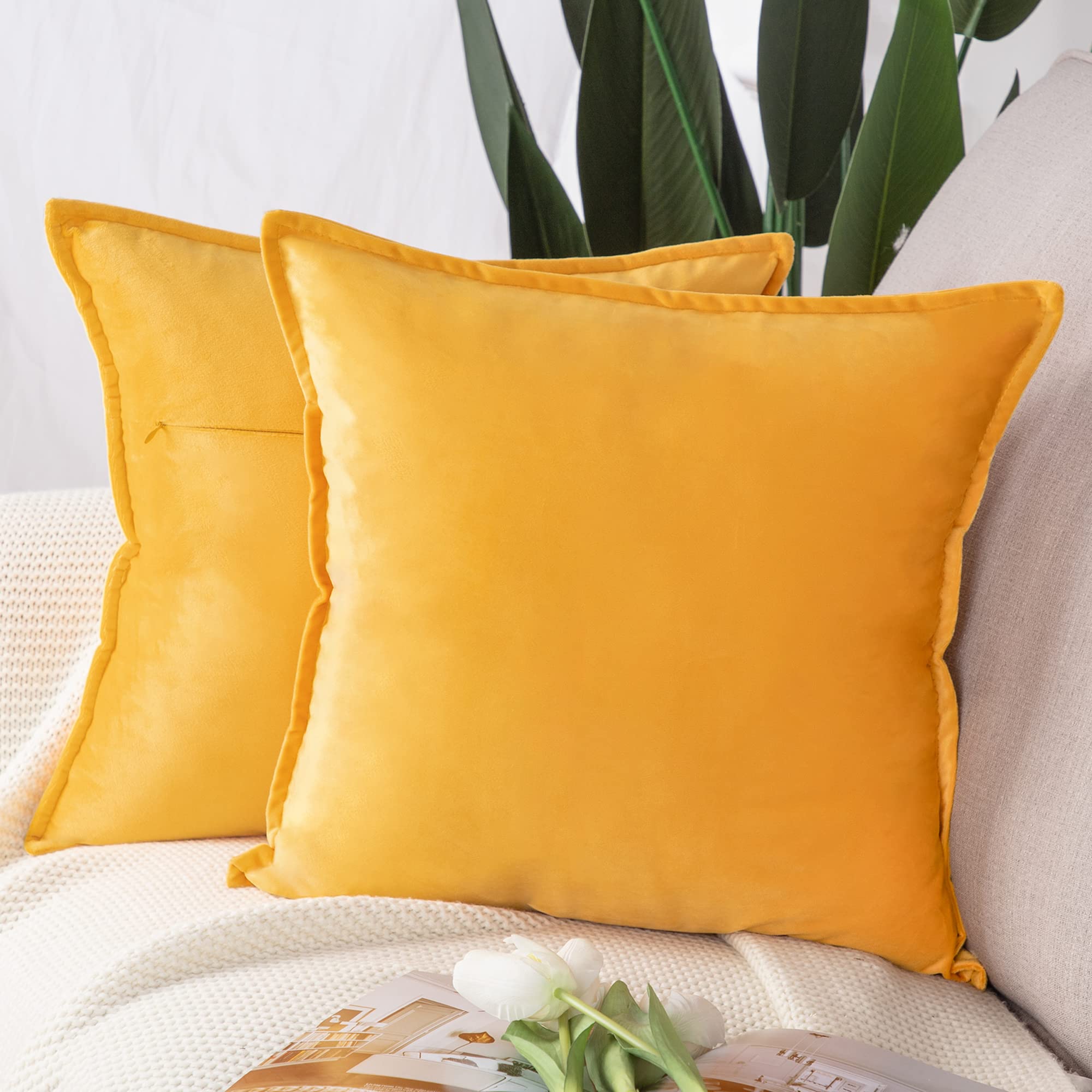 Madizz Pack of 2 Super Soft Velvet Decorative Cushion Covers with Fringe Luxury Style Cushion Case Pillow Shell for Sofa Bedroom Square Yellow 16x16 inch, 40x40 cm