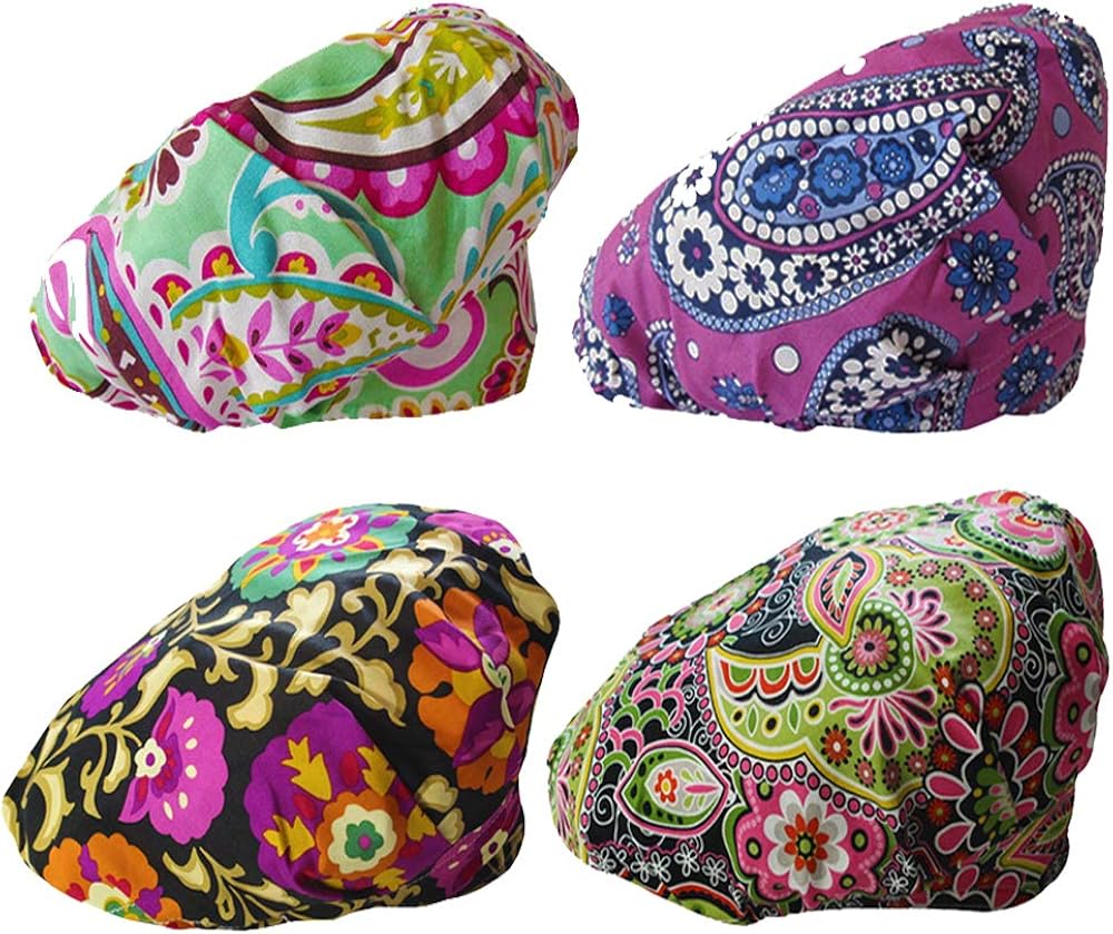 4 Pack Adjustable Surgical Scrub Cap Medical Doctor Bouffant Hats with Soft Sweatband: Clothing