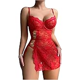SHENHE Women's Sexy Side Cutout Rhinestone Strappy Heart Lace Mesh Babydoll Lingerie Dress with Thong 2 Piece