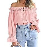 Imily Bela Womens Off The Shoulder Tops Puff Long Sleeve Tie Front Loose Fit Ruffle Shirts Blouses