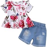 Mikrdoo Baby Girl Clothes Toddler Girl Summer Outfits Shirts Tops Ripped Denim Shorts Set Little Girls Clothes