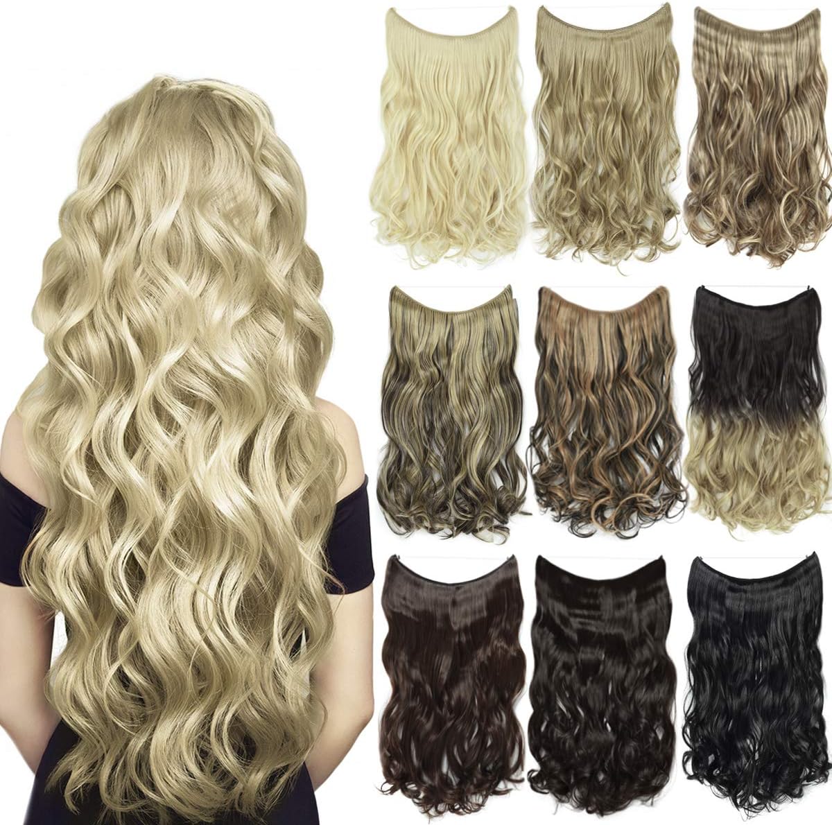 EMERLY Secret Flip Extensions 20inch One Piece Highlight Invisible Crown Headband Hairpieces Hidden Elastic Miracle Fish Wire Synthetic Wavy Ombre Hair Extensions