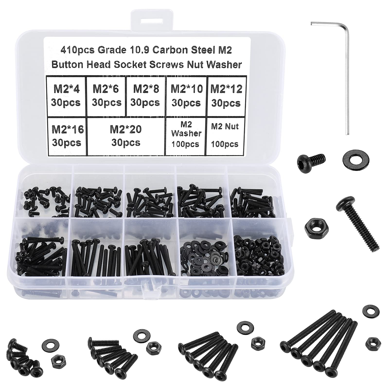 FandWay 410Pcs M2 Bolts and Nuts Set,Button Head Machine Screws ISO 7380 Allen Screws,Black Hex Bolts and Washers Set 10.9 Grade Alloy Steel Fully Threaded With 1 Allen Key.