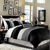 Chezmoi Collection Loft 8-Piece Luxury Striped Comforter Set (Queen, Black/Gray/White)