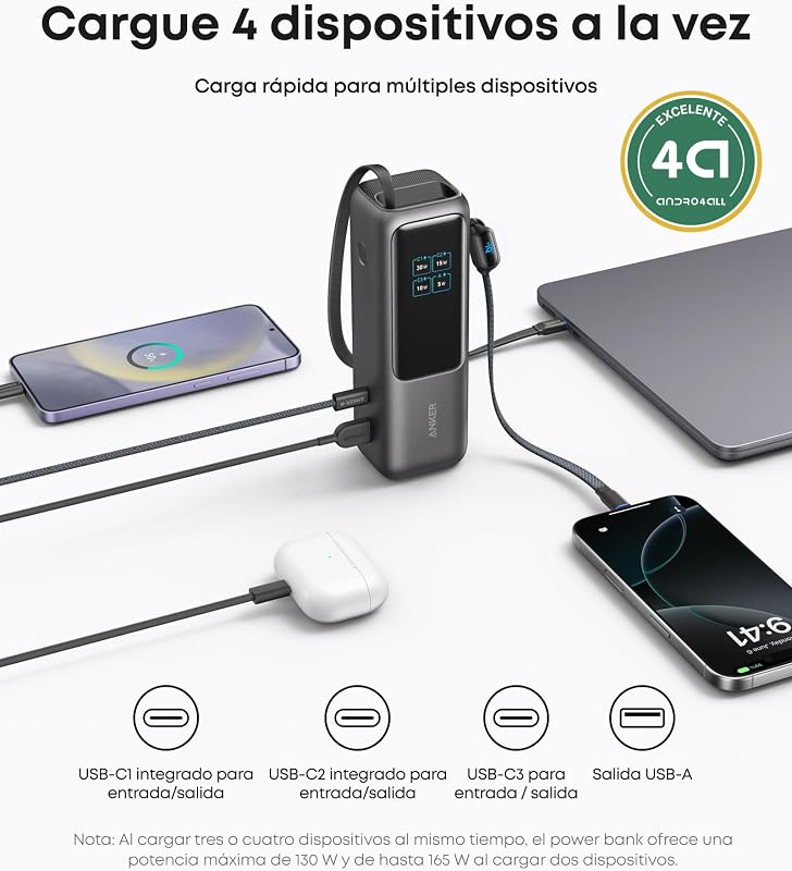 Zolo Power Bank 25.000mAh 165W con Tres Puertos USB C