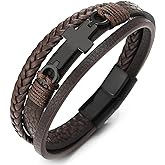 COOLSTEELANDBEYOND Mens Women Steel Horizontal Sideway Lateral Flat Cross Multi-Strand Leather Bangle Bracelet