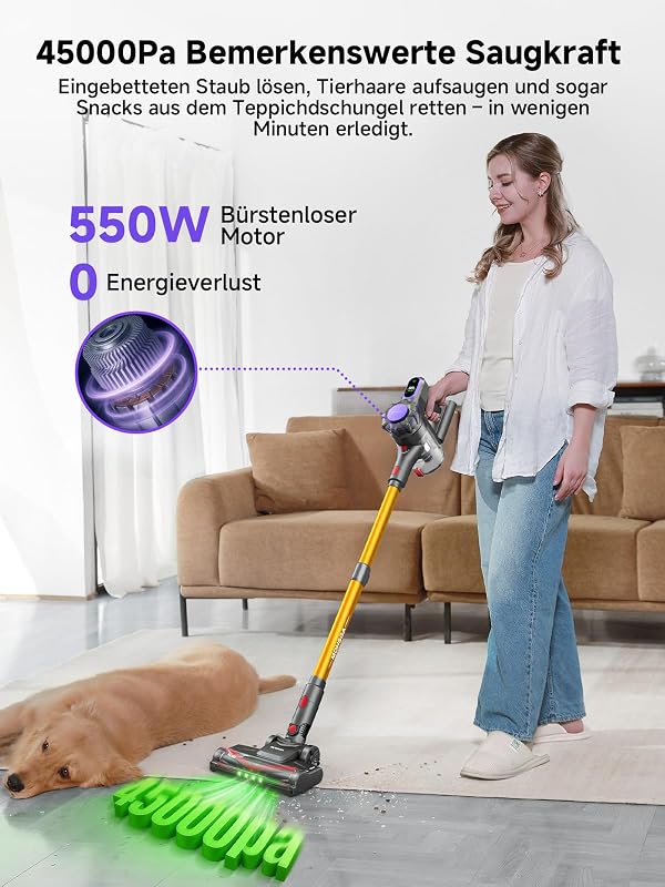 Akku Staubsauger Kabellos 45KPa/50Min mit Display,Bürstenloser Motor