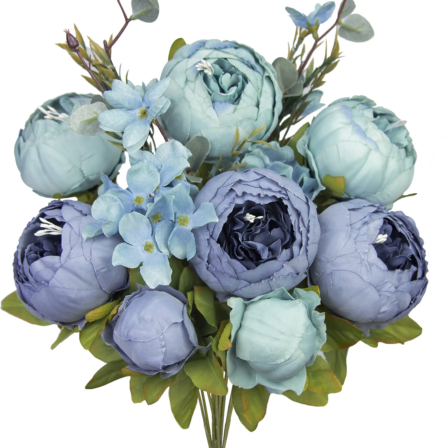 HUAHUASHIJIE Vintage Artificial Peonies Silk Peony Flowers Bouquet for Wedding Bridal Home Décor – Beautiful Floral Centerpiece Arrangement Decoration with 1 Bouquets (Mixed Blue)