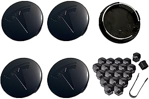 HBXAIDBAO 4PCS Car Wheel Center Hub Cap Kit, Hubcaps Accessories for Tesla Model 3 Model Y,56mm Hubcaps Wheel Rim Cover Tesla Center Hub Caps + Lug Nut Covers (Matte Black+Glossy Black Logo)