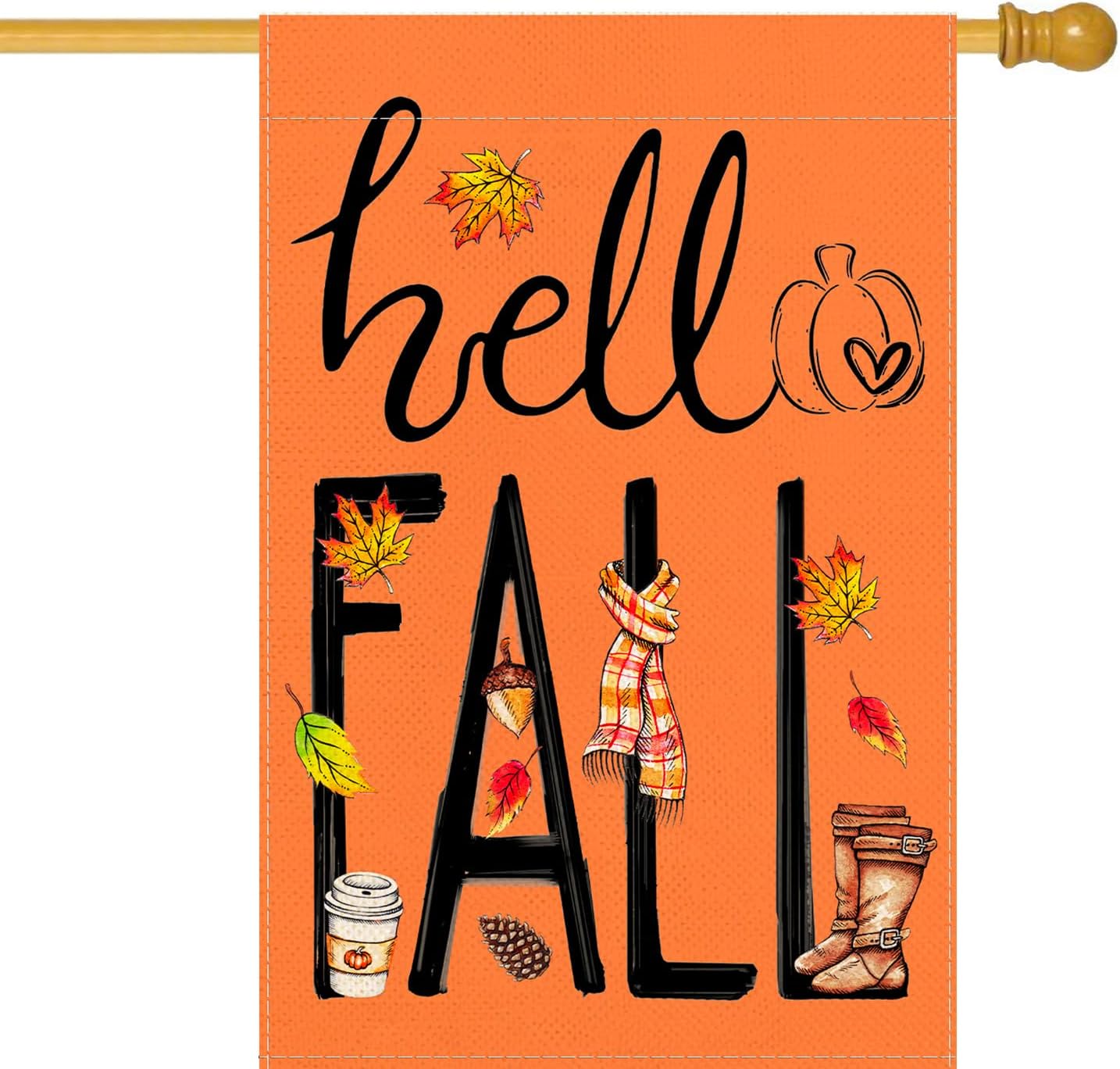 Flags - Baccessor Hello Fall House Flag Fall Pumpkin Maple Leaves Coffee Welcome Large Flag Burlap Double Sided, Autumn Harvest Thanksgiving Yard Outdoor Outside Seasonal Decoration 28x40 Inch (Orange)