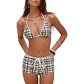 ZAFUL Womens 2 Piece Swimsuits Halter Triangle Top with Boyshorts String Cute Plaid Floral Print Bathing Suits Bikini Sets