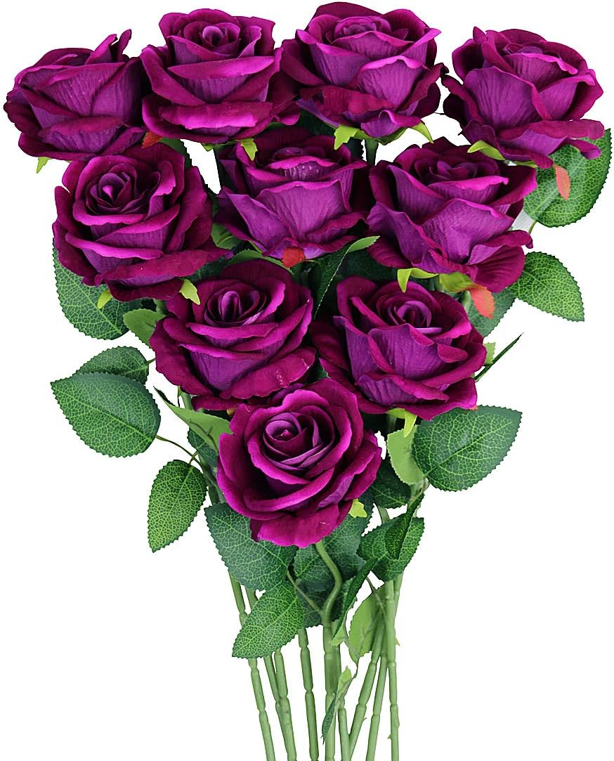 Omygarden Purple Artificial Rose Flower Bouquet, Fake Silk Roses