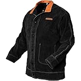YESWELDER Black Leather Welding Jacket for Men Women, Heavy Duty Welder Jacket, Heat Flame Resistant Welding Coat, L
