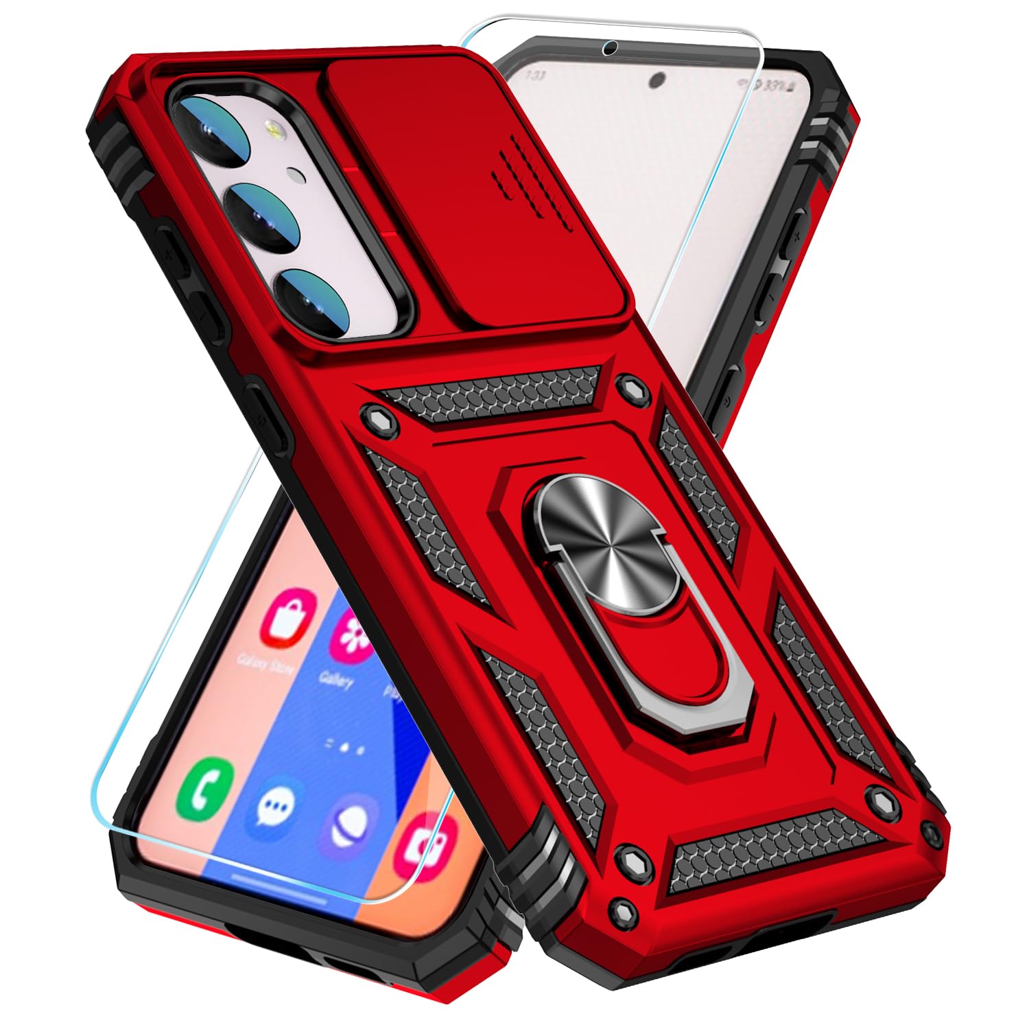 Photo 1 of SunStory Phone Case for Samsung Galaxy S23 FE 5G Case with HD Screen Protector & Slide Camera Cover & Rotated Ring Kickstand, [Military-Grade] Phone Case for Galaxy S23 FE,Red