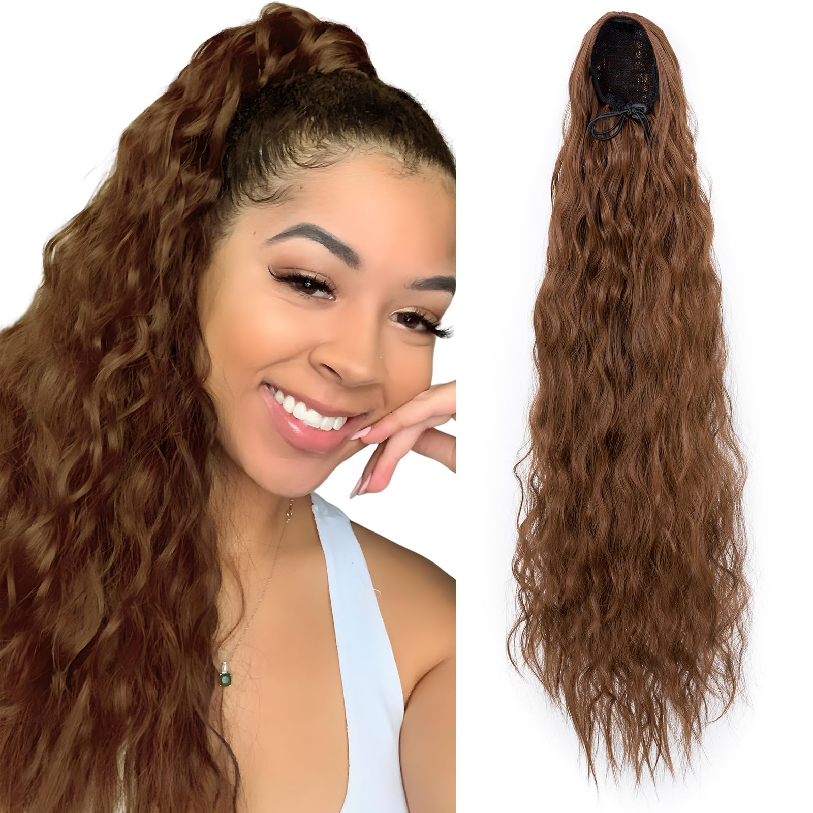Ponytail Extension, 32 Inch Drawstring Ponytail Hair Extensions for Women，Long Curly Corn Wavy Ponytail Natural Wavy Synthetic Hairpiece for Women Daily Use Party, Light Auburn