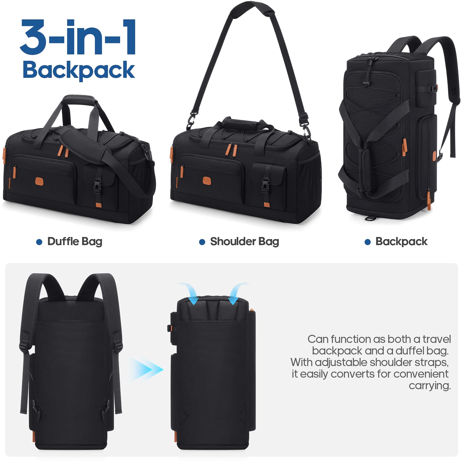 Gym Bag for Men and Women with Shoe & Laptop Compartment, 3-in-1 Sports Travel Duffel Bag Anti-Theft Weekender Carry-On Backpack for Airplane & Workout, Overnight Travel Bag,35L (Black, Medium)