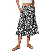 Ladybranch Women's High Elastic Waist Midi Skirt Casual Trendy Floral Print A line Skirts
