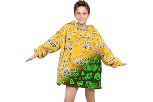 OHOIT Excavator Wearable Blanket Hoodie for Kids 6-10 YR - Glow in The Dark Truck Blanket with Oversized Pocket - Construction Toys Tractor Car Decor Cozy Sweatshirt Blanket for Boy Birthday Gifts