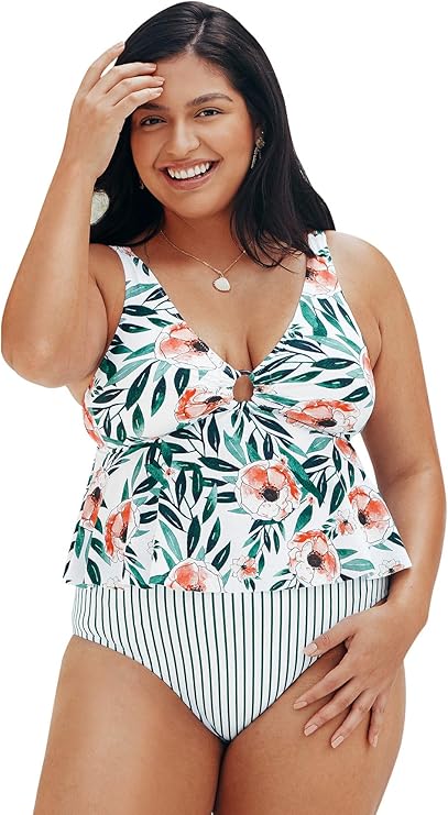 CUPSHE Women's Floral Striped Ruffled O Ring Plus Size One Piece Swimsuit, 2X at Amazon Womenâs 