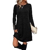 OFEEFAN Long Sleeve Dress for Women Crew Neck Tunic Dress with Pockets Decorative Buttons