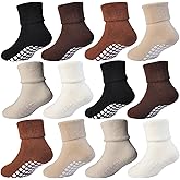 hoomore Toddler Socks with Grips 12 Pairs,Baby Non Slip Socks Turn Cuff Thick Warm Winter Crew for Boys Girls 1-6 Years