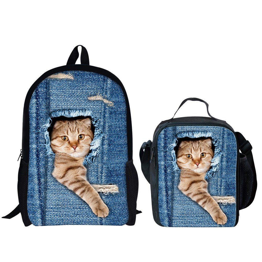 HUGS IDEA 2 Piece Kids School Bag Lunchbag Set Stylish Kitten Print Backpack Bookbag for Teenager Girls